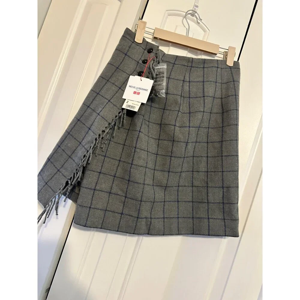 Uniqlo Ines‎ De La Fressange Skirt Plaid Grey Fringe Windowpane Size 2 NWT